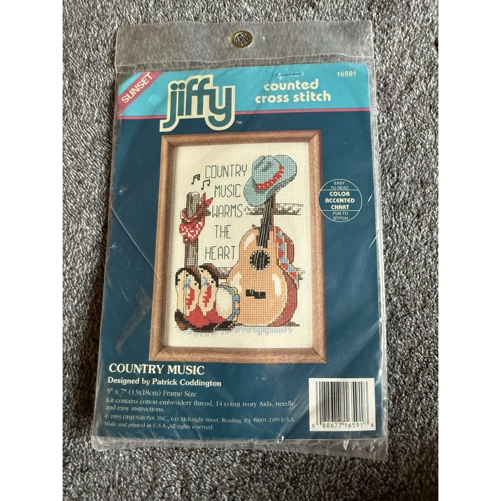 1993 JIFFY Counted Cross Stitch Kit, Country Music Warms‎ the Heart  #16591, NIP